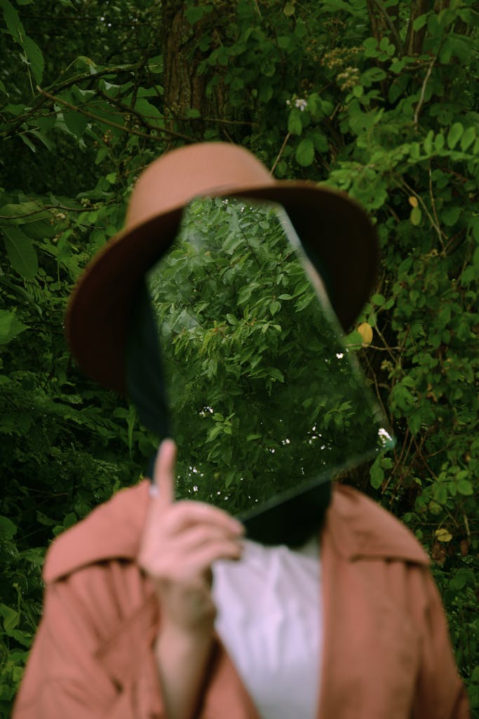 A woman outdoors, face hidden by a mirror reflecting lush green leaves.